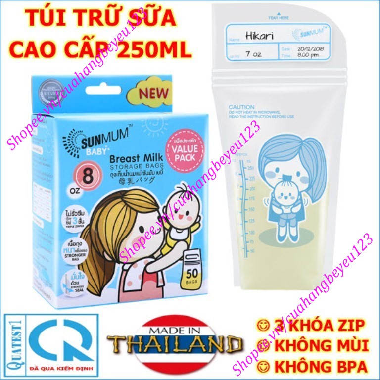 10 Túi / Hộp 50 túi trữ sữa mẹ không BPA 250ml SUNMUM SM - Thái Lan - Màu Xanh