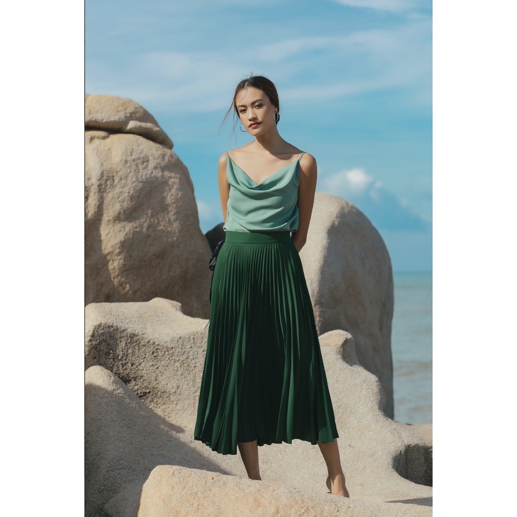 JOVEN-Chân váy dập ly xanh lá