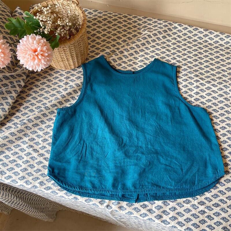 Áo Thun Cotton Lanh Dáng Rộng Không Tay Phong Cách Nhật Hàn Thời Trang Xuân Hè Hàng Mới 2022 Dành Cho Bé Trai Bé Gái