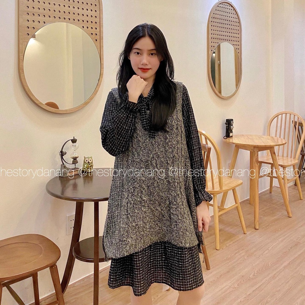 Set đầm caro cột nơ mix ghi lê nữ tiêu  S323
