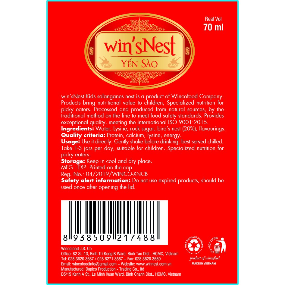 Combo 10 lọ Yến sào cao cấp win'sNest kids 20% tổ yến chưng sẵn dành cho trẻ em (70 ml/ lọ) hương vị vani