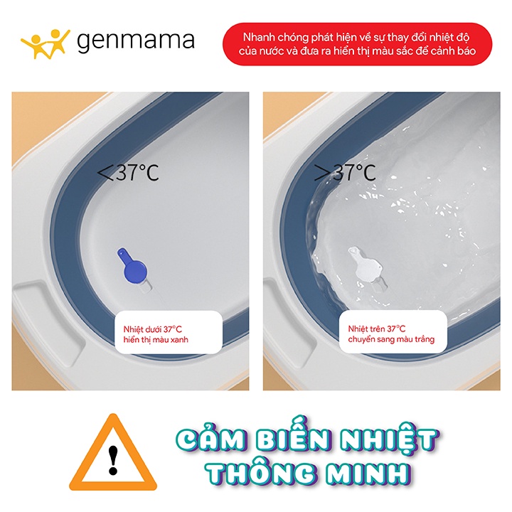 Chậu tắm cho bé từ sơ sinh đến 5 tuổi nhiệt kế và phao bơi  GENMAMA,Thau tắm cho bé đa năng gấp gọn tiện ích