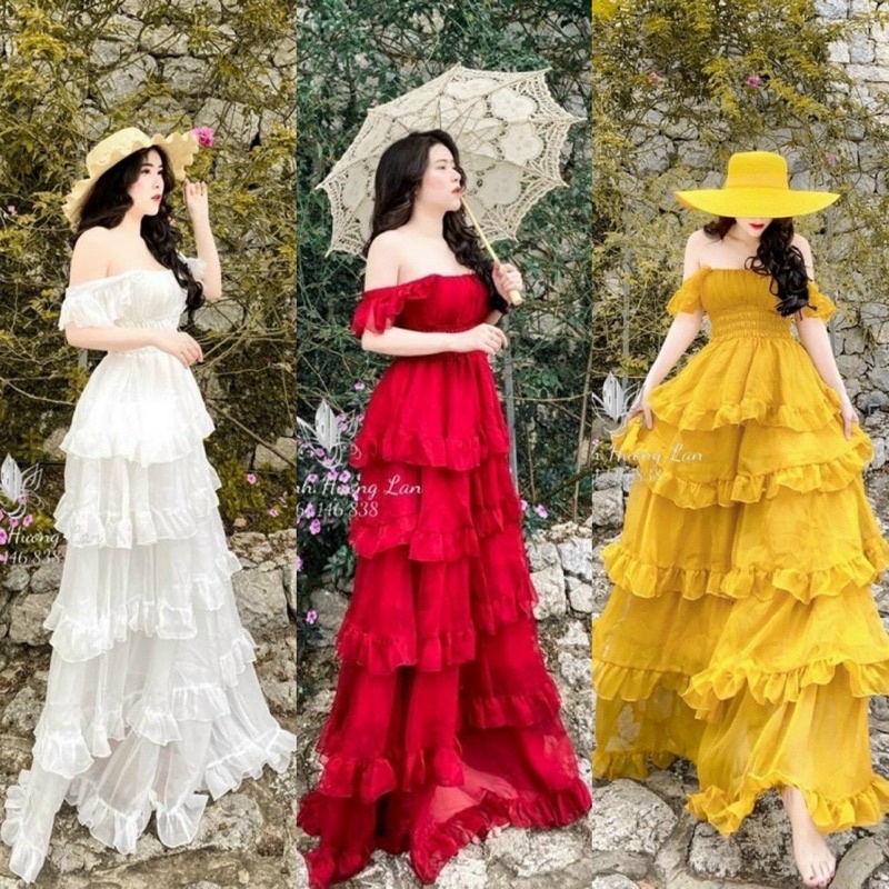 Maxi voan xoè tầng hở bẹt trễ rớt vai nhún ngực đỏ vàng trắng, đầm váy dài hotgirl thời trang nữ đi chơi biển du lịch