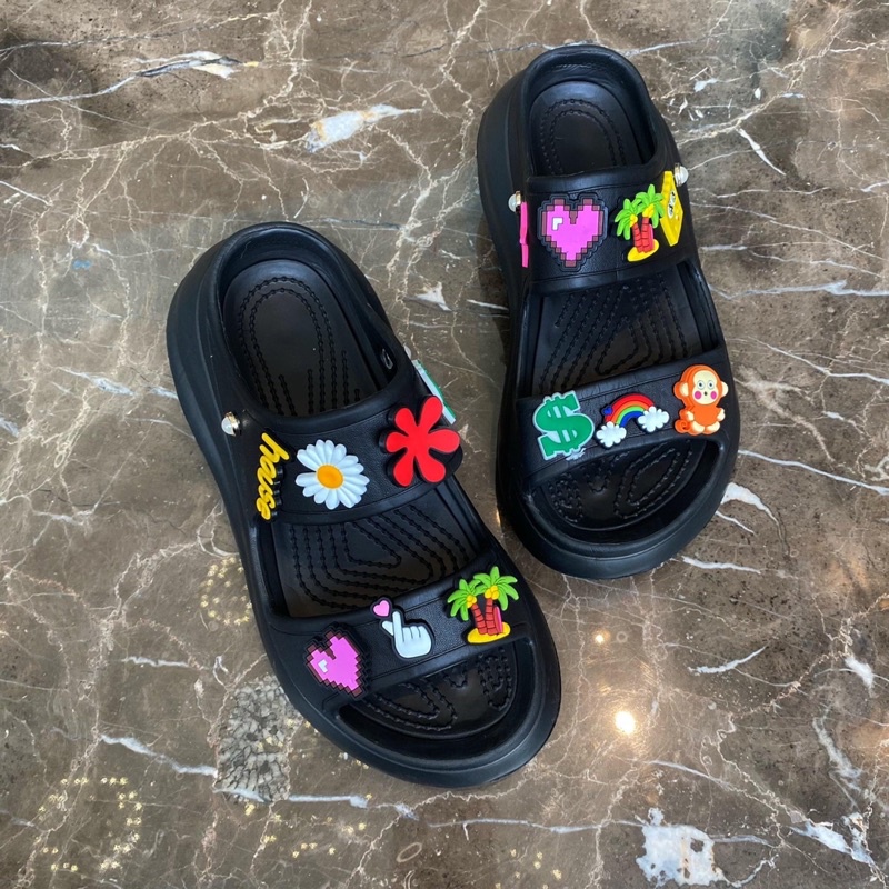 Dép crocs classic 2 quai-Đế 5cm + Tặng bộ 12-14 sticker nhưn hình