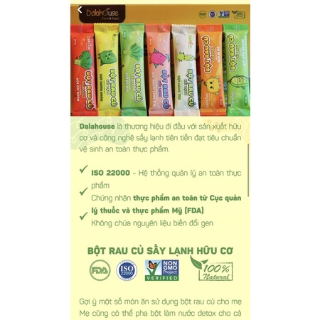 Bột rau củ dalahouse cho bé ăn dặm - gói 3g - Chùm ngây, kale, khoai lang, bó xôi - Nhà bum