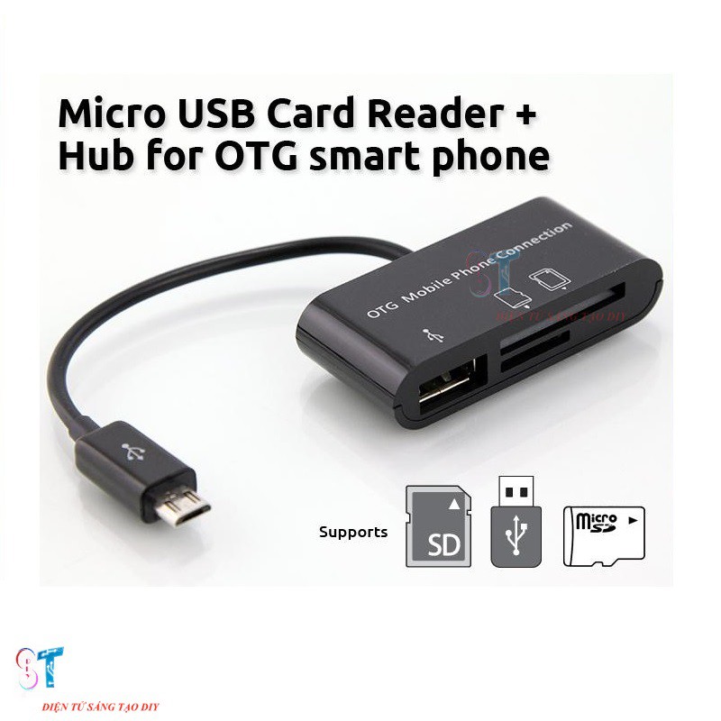 Đầu Đọc Thẻ Kiêm Cáp OTG USB Cổng Micro USB  3 in 1