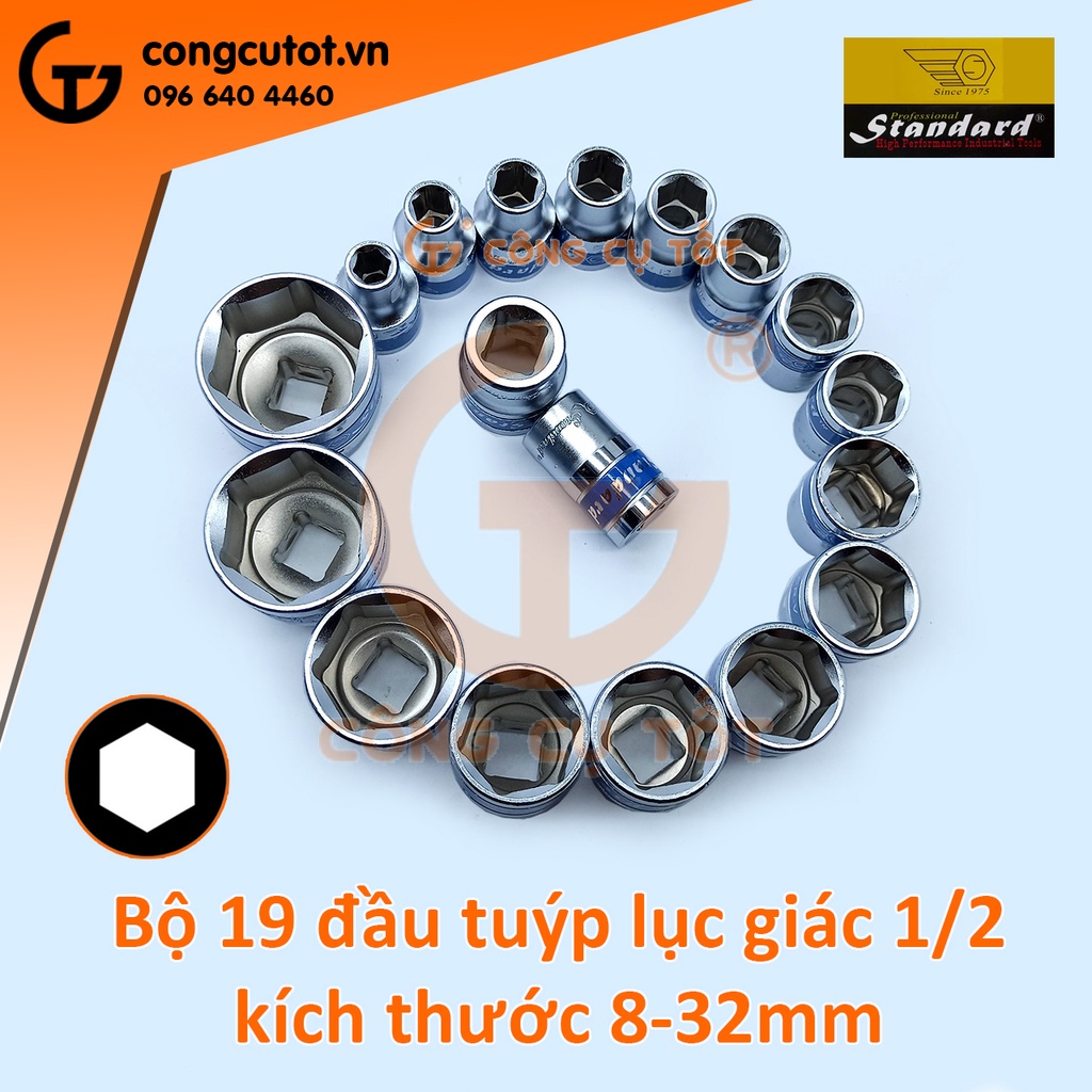 Bộ 19 đầu tuýp lục giác Standard 1/2inch 8-32mm