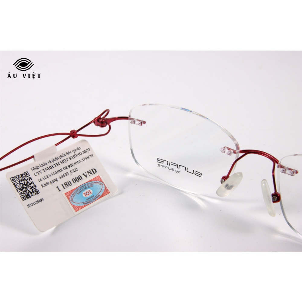 Gọng kính khoan nữ kim loại titanium dáng vuông chữ nhật Sunfire S-8539 màu đỏ vân đá Full box