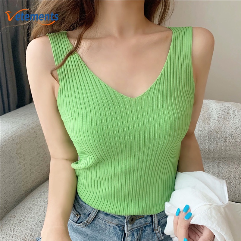 Áo Sát Nách Dệt Kim Cổ Chữ V Dáng Ôm Thoáng Khí Thời Trang Mùa Hè Quyến Rũ Cho Nữ