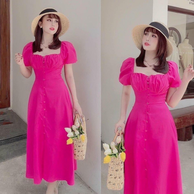 Đầm Hồng đũi xẻ tà nhún bo chun sau lưng, Đầm đi chơi đi du lịch | BigBuy360 - bigbuy360.vn