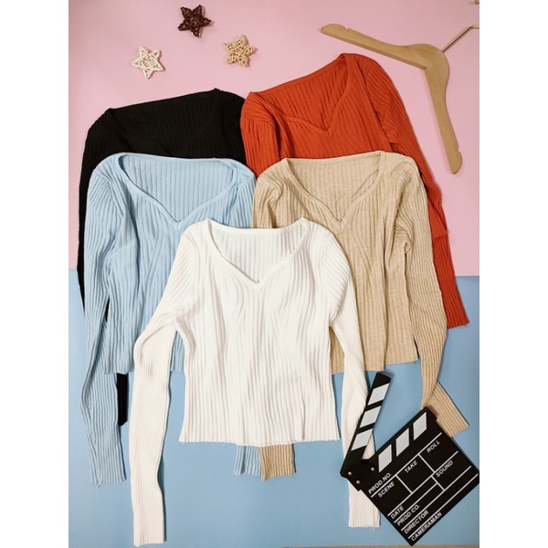 Áo Len nữ dài tay cổ tim cách điệu dáng CROPTOP