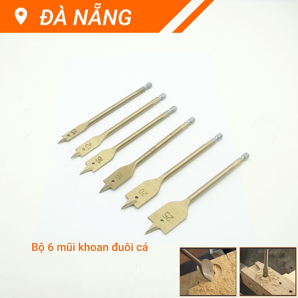 Bộ 6 mũi khoan khoét gỗ đuôi cá chuyên dụng 10-25mm thép Cacbon cao cấp