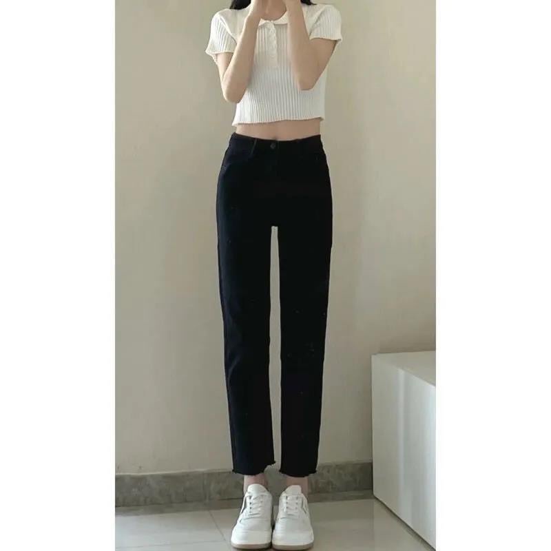 Quần Jean Nữ Đen Lưng Cao Ống Suông Ôm Sát Chân