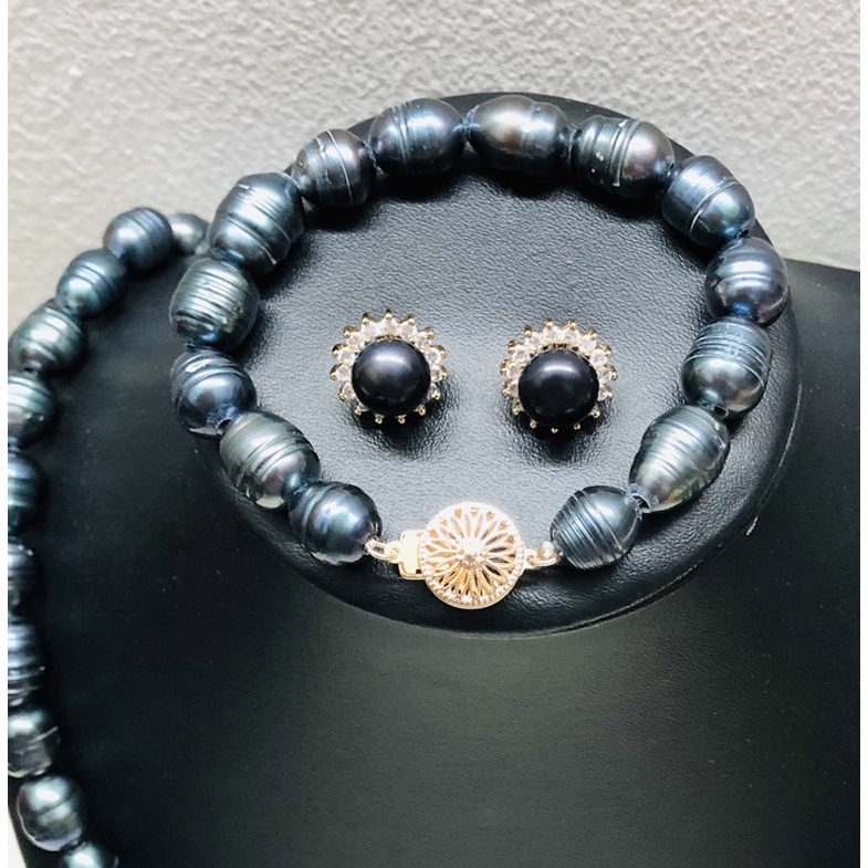 Bộ trang sức hạt ngọc trai nhân tạo rằn đen 12ly