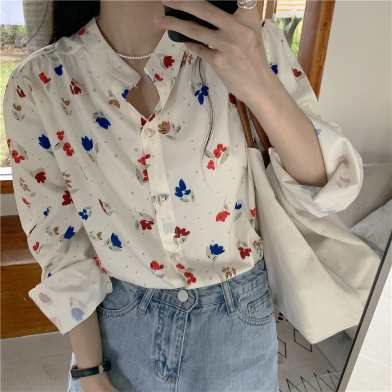 SUXI Áo Kiểu Tay Dài Hoạ Tiết Hoa Phong Cách Hàn Quốc Dành Cho Nữ