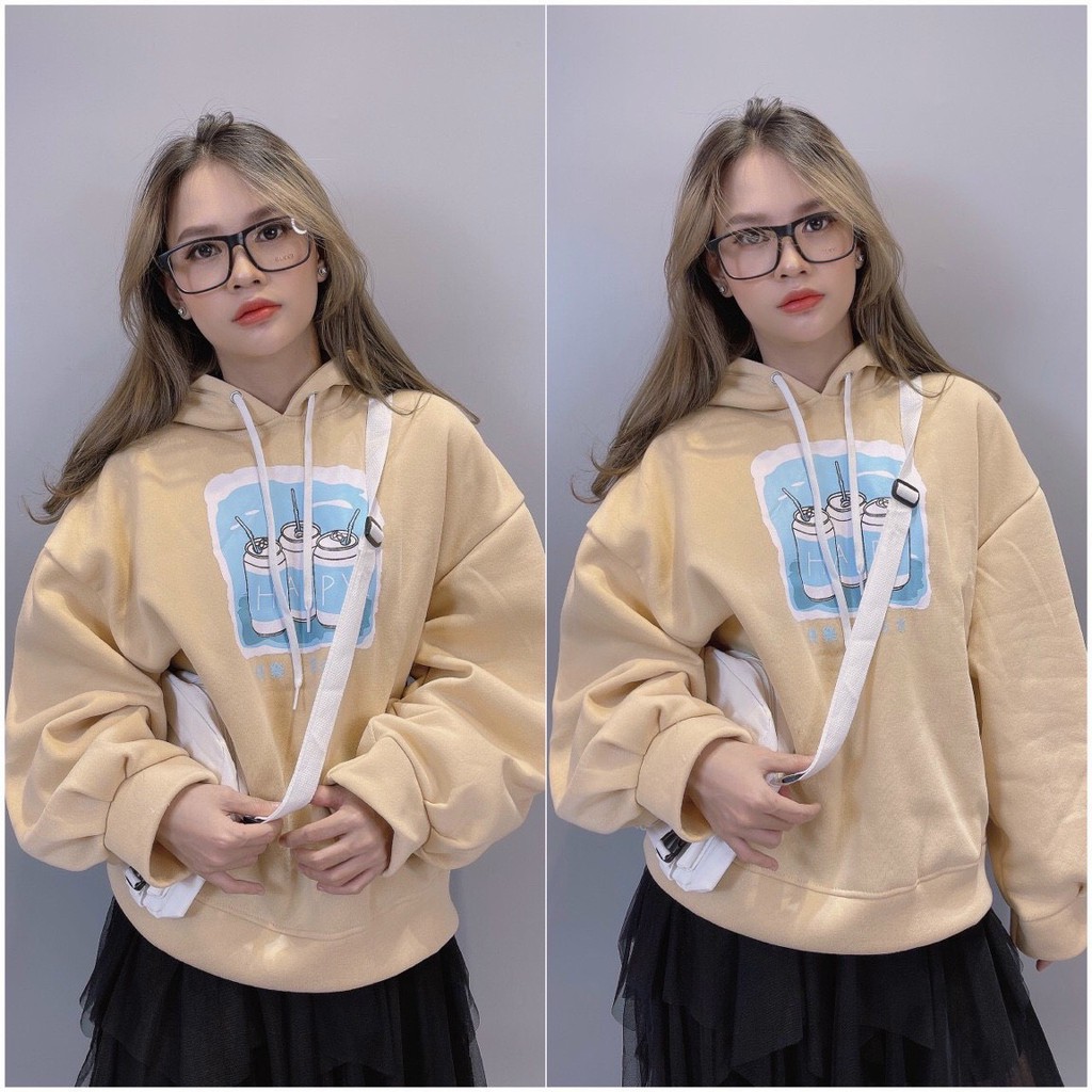ÁO KHOÁC HOODIE CHUI ĐẦU NỈ NGOẠI NAM NỮ UNISEX FORM RỘNG 3 CHAI HAPPY ĐỦ MÀU XANH, BE CAO CẤP UTI ĐỦ SIZE M, L, XL HOT