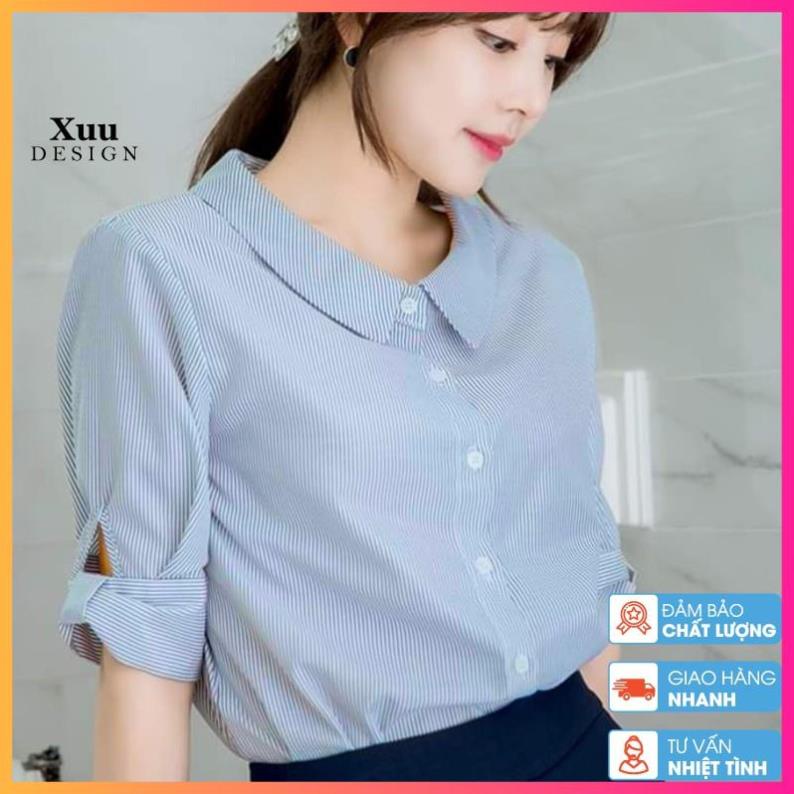 Áo sơ mi nữ công sở 💖Xuu Design💖 Áo sơ mi nữ tay ngắn kẻ cổ sen chất liệu Kate cao cấp- BS11