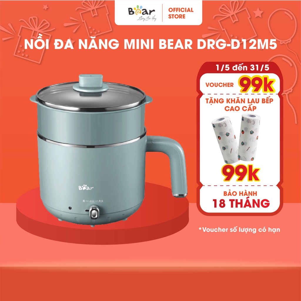 Nồi Đa Năng 2 Tầng Bear Nấu Mì Mini, Hấp, xào, nấu, luộc đa năng - DRG-D12M5