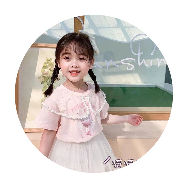 Áo thun bé gái bèo cổ/ áo cộc hình con gấu, áo thun ren bèo cổ