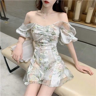 Jumpsuit trễ vai xanh
