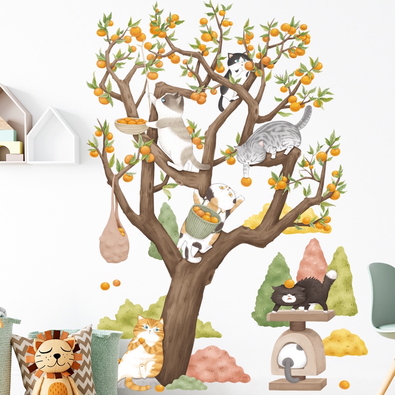 Decal dán tường giấy dán tường mèo hái quả decor phòng ngủ phòng khách