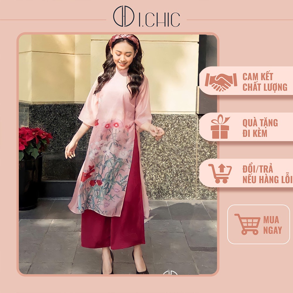 ICHIC - Áo Dài Cách Tân Nữ Cao Cấp Hoạ Tiết Hoa Phăng Hồng 2021