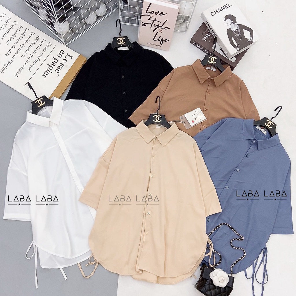 Áo sơ mi nữ cộc tay rút dây nhiều mầu chất lụa mát rũ đẹp, thiết kế áo somi nữ phong cách | BigBuy360 - bigbuy360.vn