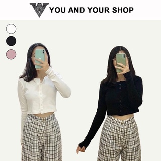 Áo croptop tay dài nút yayshop chất thun gân tôn dáng nút- kèm hình thật