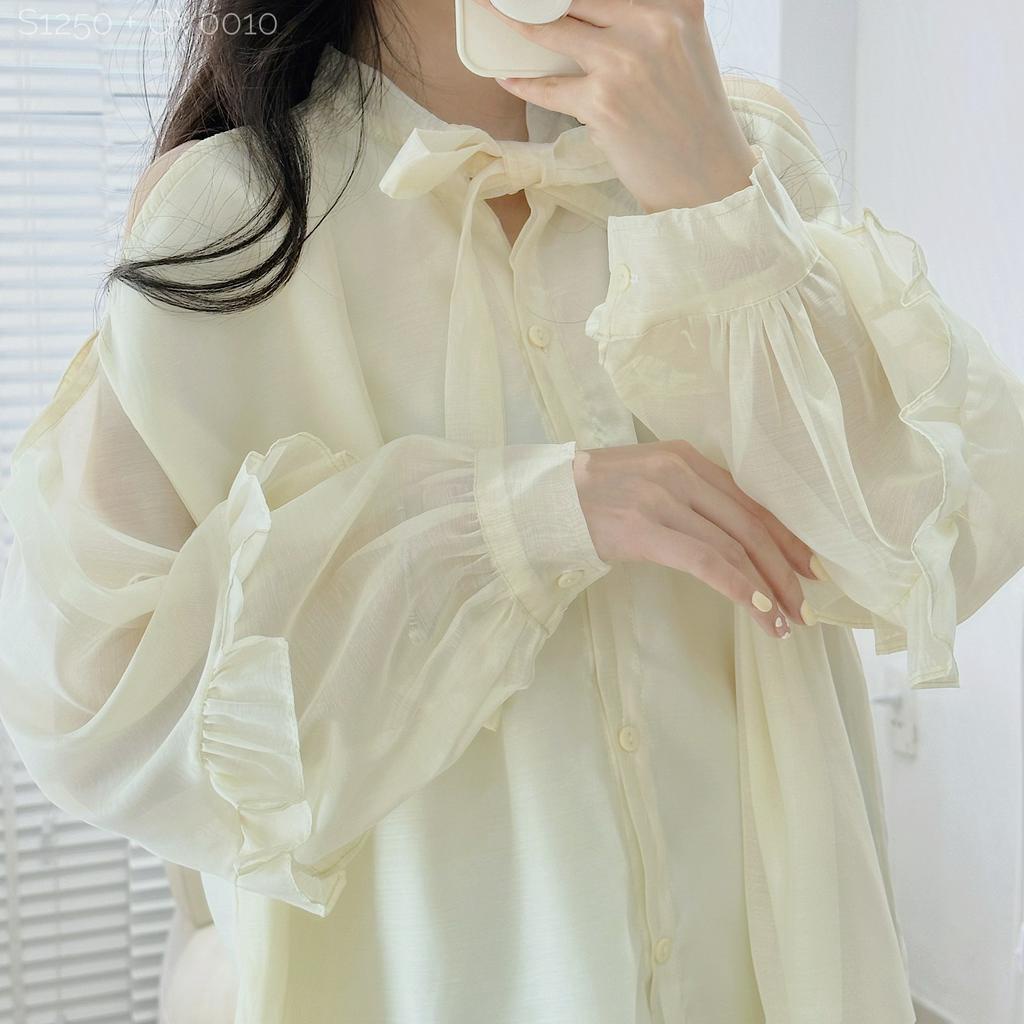 Áo sơ mi tơ hai lớp khoét vai cổ nơ form rộng
