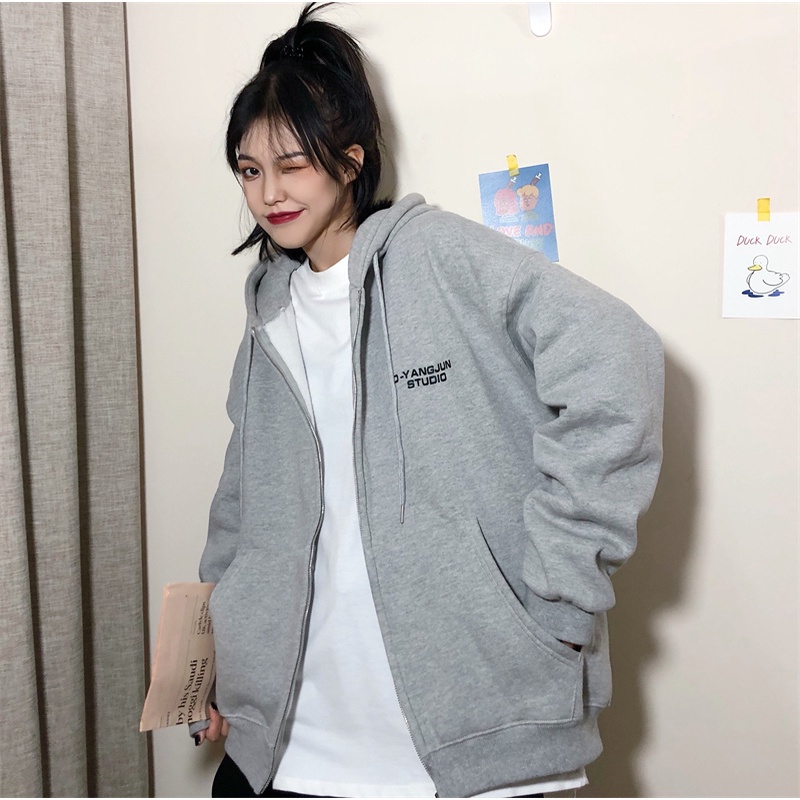 【ZHELIHANGFEI】Áo Khoác Hoodie Tay Dài Có Khóa Kéo Form Rộng Theo Phong Cách Preppy