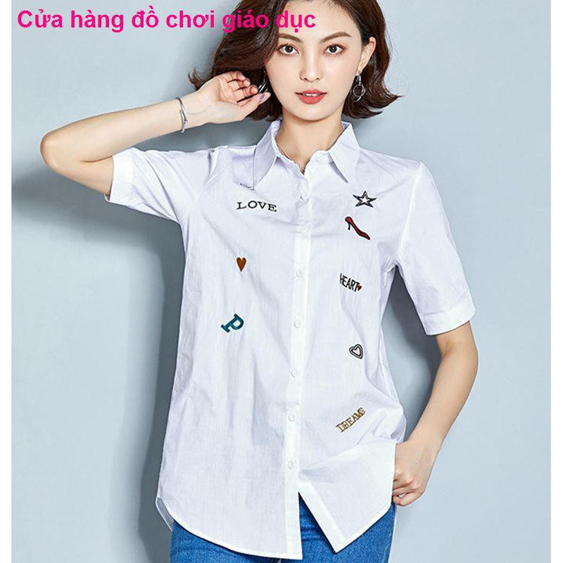 SHOP XINH Cotton tinh khiết thêu văn hóa áo sơ mi nữ phiên bản Hàn Quốc của dài tay rộng rãi