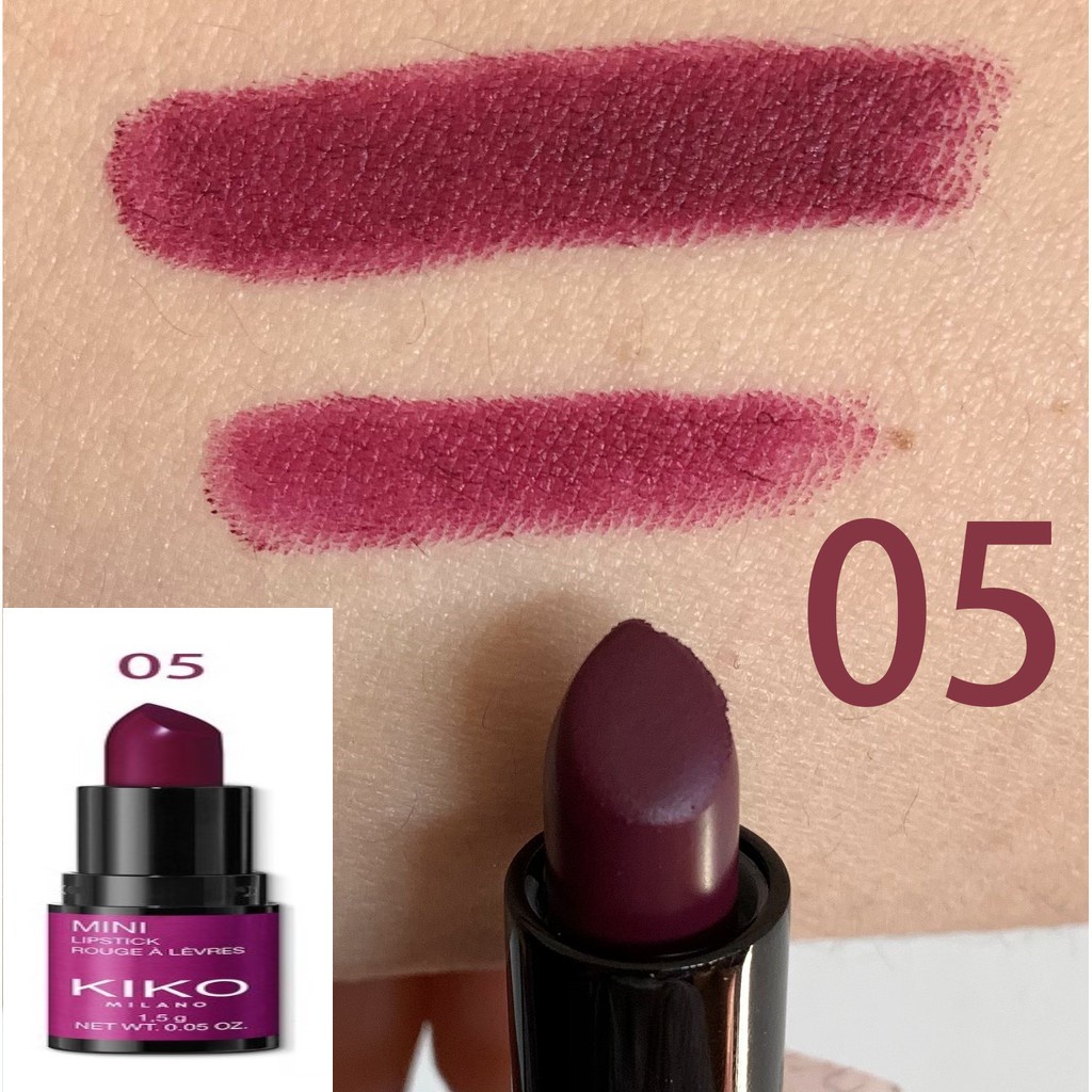 Son lì mini Kiko: 6 màu: hồng nude, hồng tím đất, hồng đất, đỏ nâu, tím hồng, tím đậm