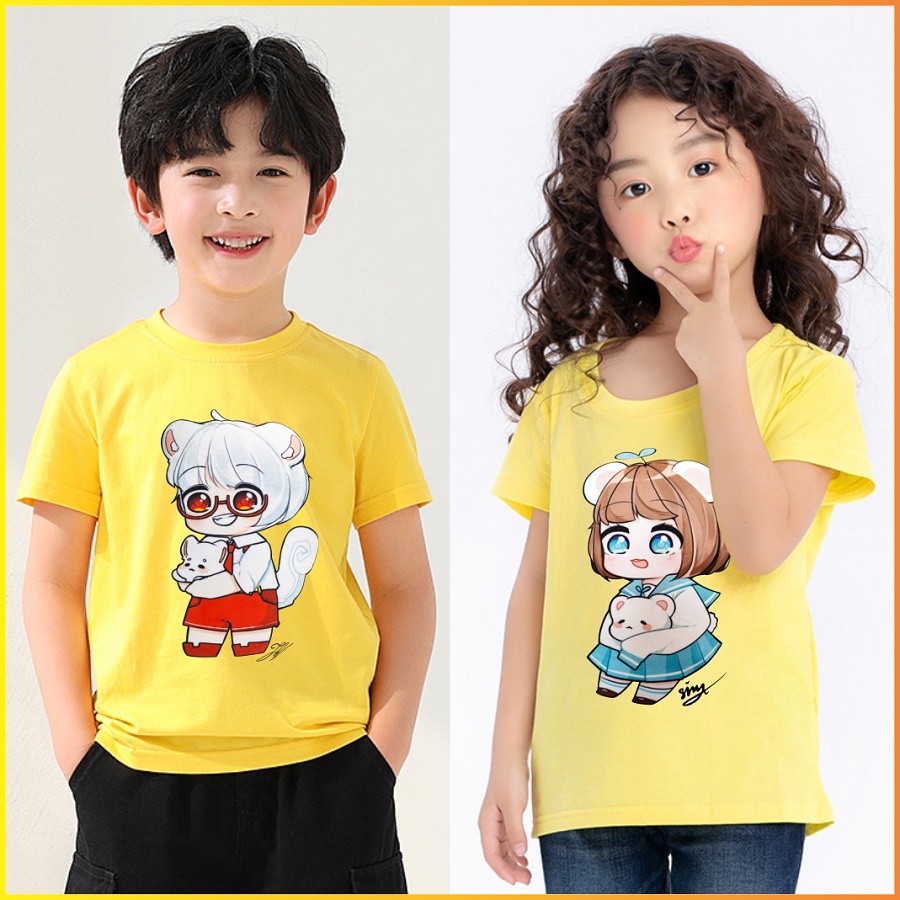 Áo thun màu vàng in hình supper hero team mèo sammy simmy phong cận siro cực ngầu cho bé