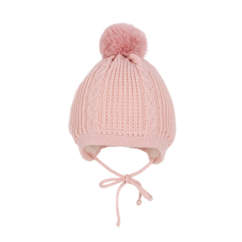 Mũ Beanie Đính Bóng Lông Nhân Tạo Dày Dặn Ấm Áp Màu Trơn Dễ Thương Cho Bé