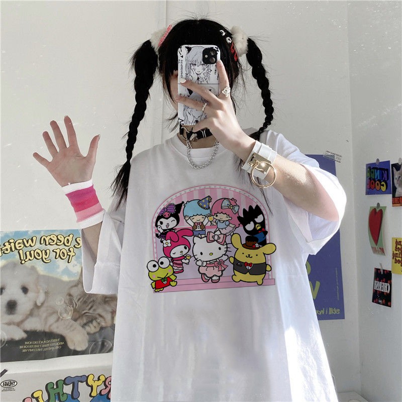 Áo Thun Tay Ngắn In Hình Hello Kitty Phong Cách Harajuku