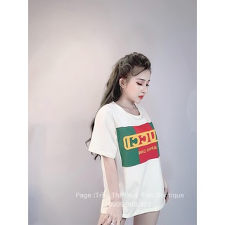 Áo Thun Form Rộng In Ba Sọc Kết Hợp Chữ GUCI Thời Trang TTSL0262