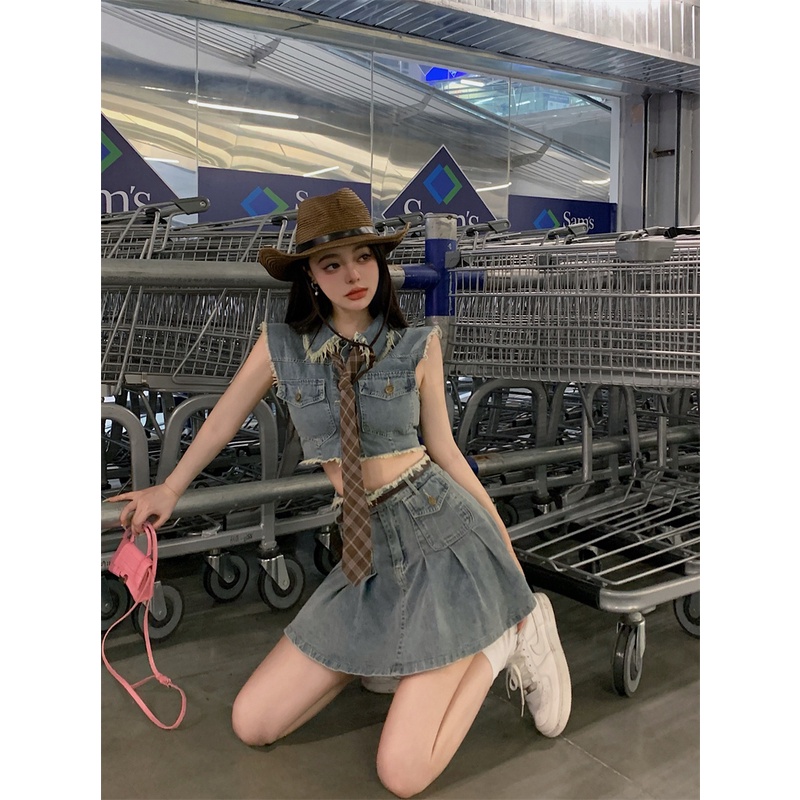 Cocory vn Set Áo Denim Không Tay + Chân Váy Chữ A Thời Trang Nữ