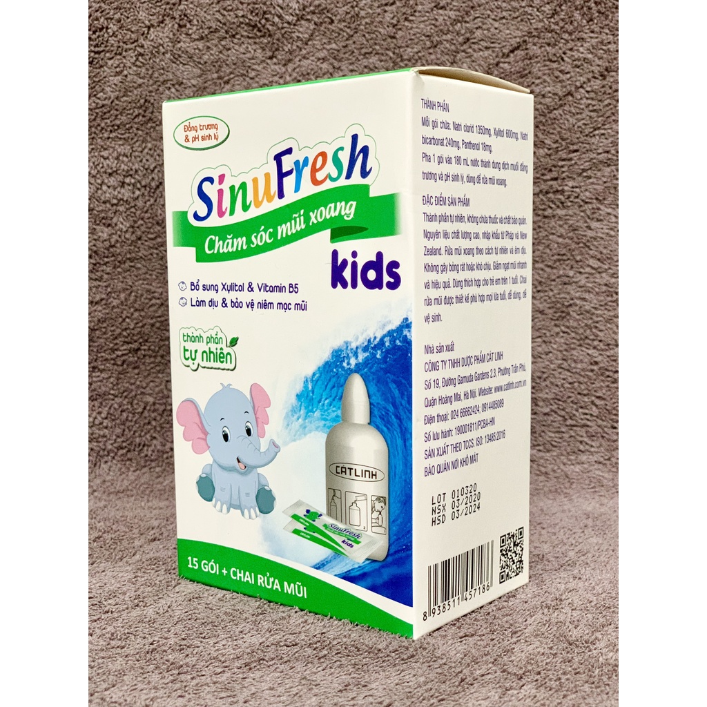 Muối Rửa Mũi Xoang Cát Linh SinuFresh Kids Dành Cho Trẻ Nhỏ Từ 1 Tuổi ,Hộp 15 Gói Muối Và 1 Bình Rửa
