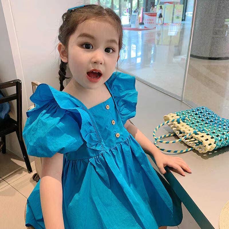 SANITKUN Đầm công chúa bằng cotton màu trơn phong cách Hàn Quốc mới thời trang mùa hè cho bé gái
