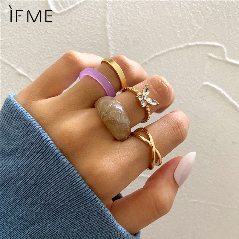 IF ME Set 5 Nhẫn Đeo Khớp Ngón Tay Hình Bướm Đính Đá Thời Trang Cho Nữ