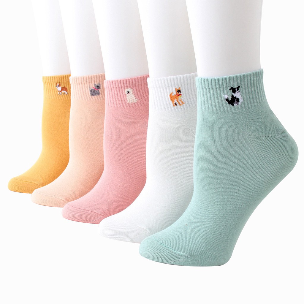 Vớ Ngắn Logo Chó Tất Nữ Cổ ngắn Màu trơn hình mini Cotton Ulzzang Hàn Quốc Tất Cố thấp Nữ Dễ thương Nhật Bản