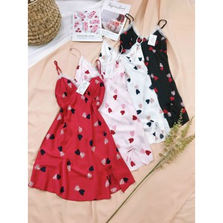 Váy ngủ 2 dây trái tim kèm đệm mút xẻ vạt phối ren