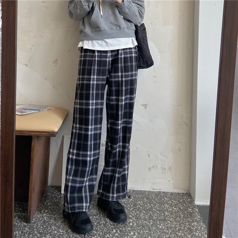 Quần Dài Nữ Xiaozhainv Họa Tiết Caro Thời Trang Phong Cách Hàn Quốc