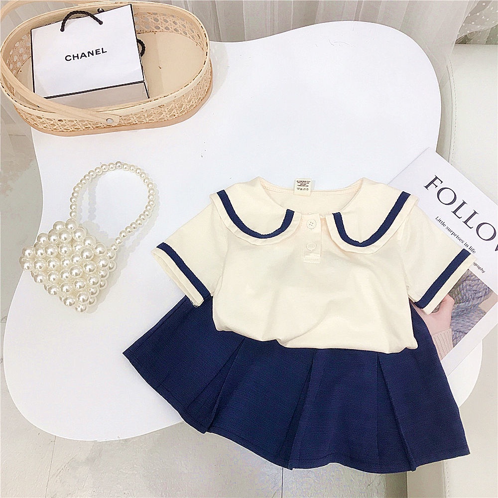 Set Áo Thun Tay Ngắn + Chân Váy Xếp Ly Mùa Hè Hàn Quốc Mới 2023 Cho Bé Gái