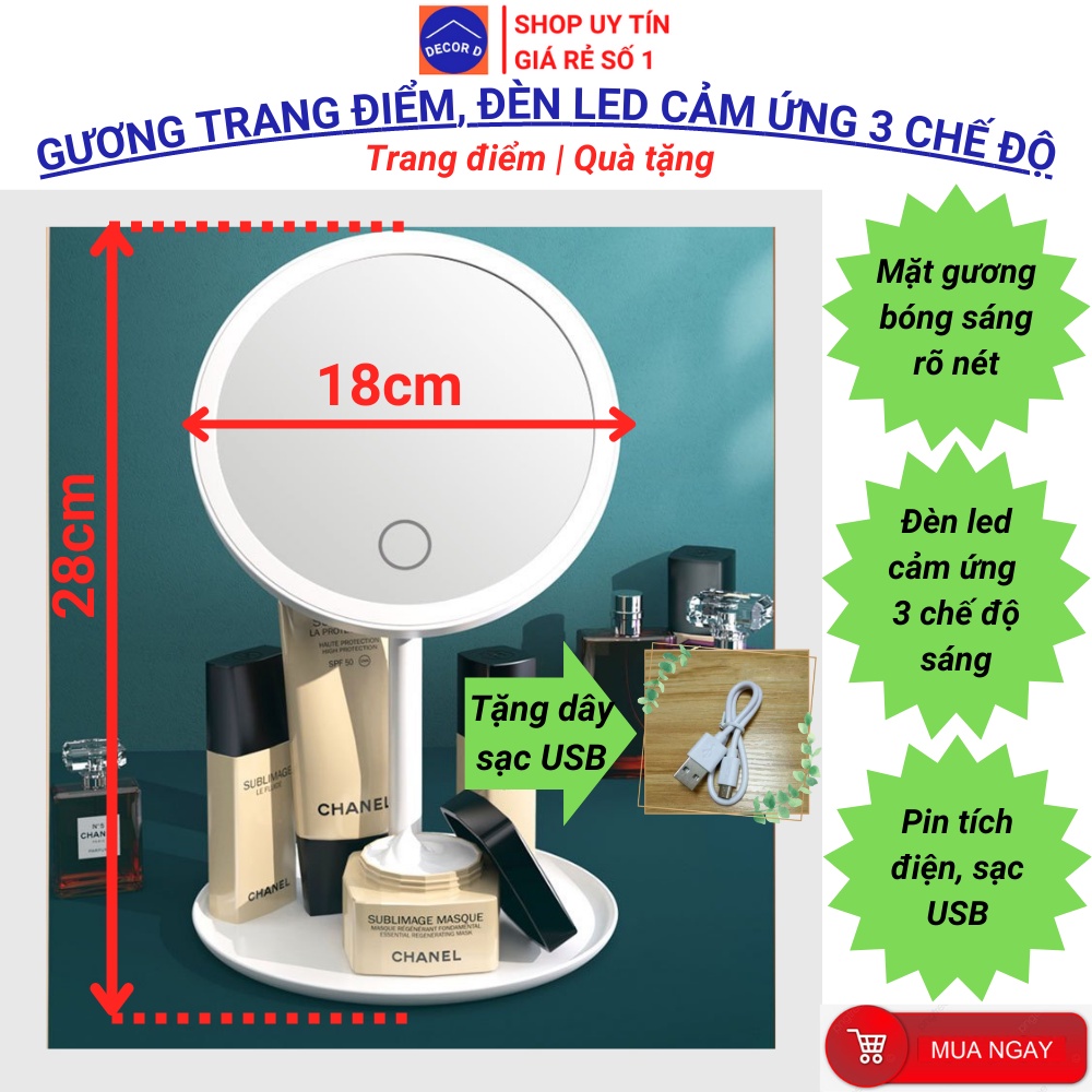 Gương để bàn trang điểm Hàn Quốc phấn mirror đèn Led decor phòng xinh xắn dễ thương