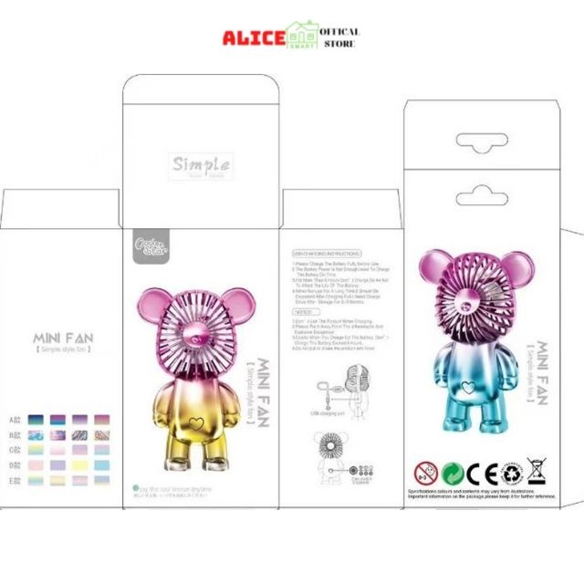 Quạt mini cầm tay hình gấu đáng yêu sạc Usb để bàn, làm quà tặng trang trí dễ thương - Alice store