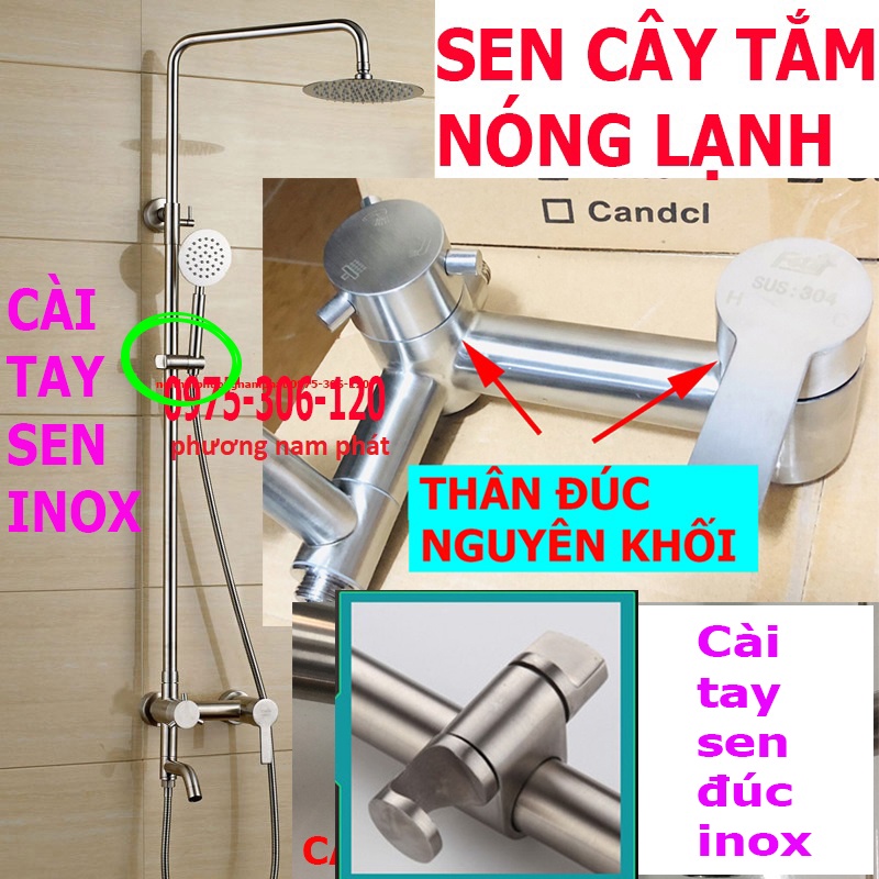 (CÂY SEN TRÒN NƯỚC MẠNH) Bộ Sen Cây Tắm Đứng Nóng Lạnh INOX 304 N1006 Fotar và tay sen tắm và dây sen