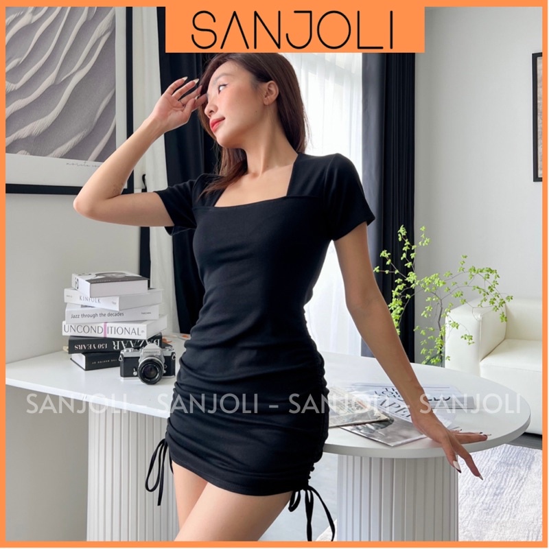 Váy Body Nhún SANJOLI Đầm Ôm Sexy Nữ Cổ Vuông Rút Dây 2 Bên, Dáng Bó Eo Thun Tay Ngắn Thiết Kế Dự Tiệc Trắng Đen VD048