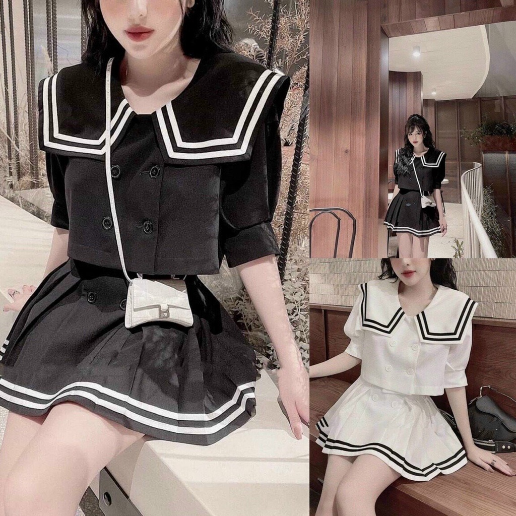 Sét váy tiểu thư dáng áo croptop cổ thời trang phối viền kẻ đen mix với chân váy xòe xếp li siêu xinh 2 màu đen và trắng