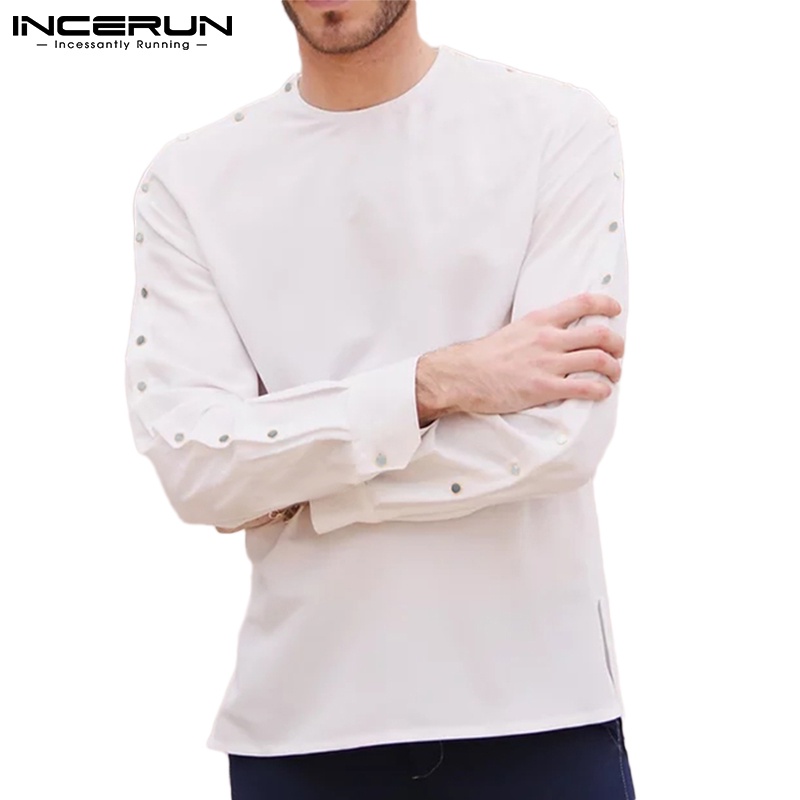 Áo thun INCERUN dài tay dáng rộng xẻ tà bên hông phối khóa thời trang cho nam